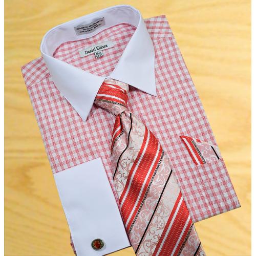Daniel Ellissa  Brick Red / White Windowpanes Shirt / Tie / Hanky Set With Free Cuff links DS3762P2