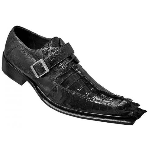 Belvedere "Ebano 3405" Black Ostrich / Hornback Crocodile With Tail Monk Strap Shoes
