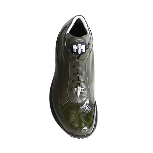 Mauri 8900 Olive Green Genuine Crocodile / Nappa Leather Sneakers With Silver Mauri Alligator Head