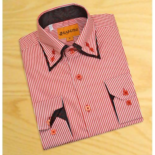 Manzini Red / White Stripes  With Black / Red  Paisley Design Double Layered High Collar 100% Cotton Dress Shirt MZO-10