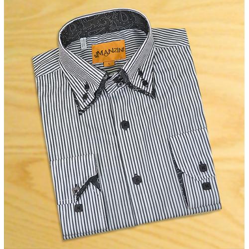 Manzini White / Black Stripes With Black / White Paisley Design Double Layered High Collar 100% Cotton Dress Shirt  MZO-10