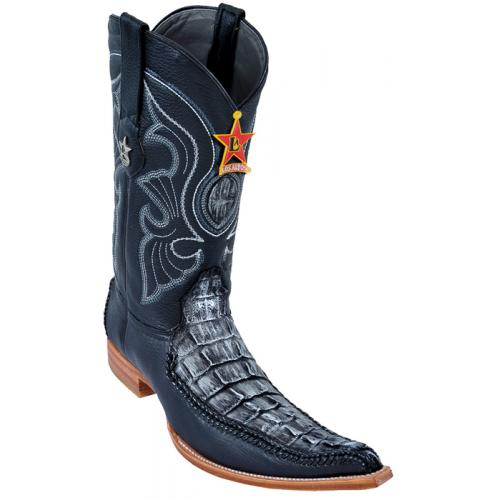 Los Altos Black / Silver Genuine Braid Stitch Crocodile W/Deer 6X Pointed Toe Cowboy Boots 96TR0191