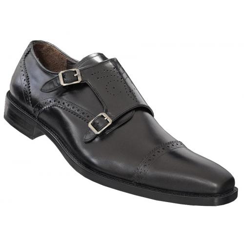 Mezlan 15446-1 "Webber II" Black Italian Calfskin Loafer Shoes With Double Perforated Monkstrap