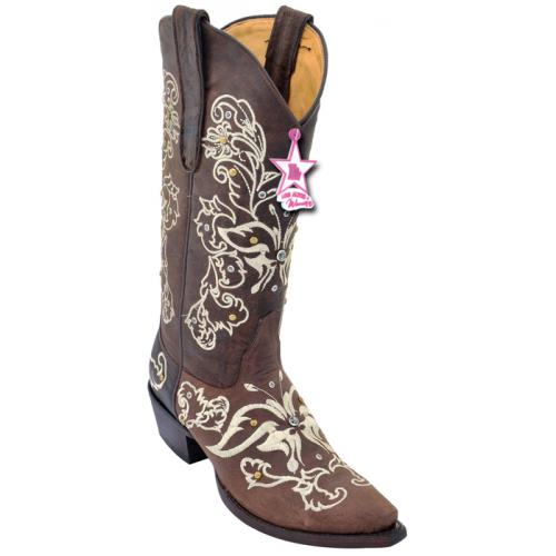 Los Altos Ladies Choco Genuine Swarovski Stone Desert W / Embroidery Snip Toe Cowgirl Boots 34S5094