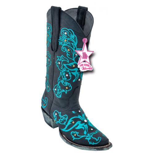 Los Altos Ladies Black Genuine Swarovski Stone Desert W / Embroidery Snip Toe Cowgirl Boots 34S5005