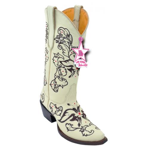 Los Altos Ladies Winterwhite Genuine Deer Swarovski Stone Desert W / Embroidery Snip Toe Cowgirl Boots 34S8304
