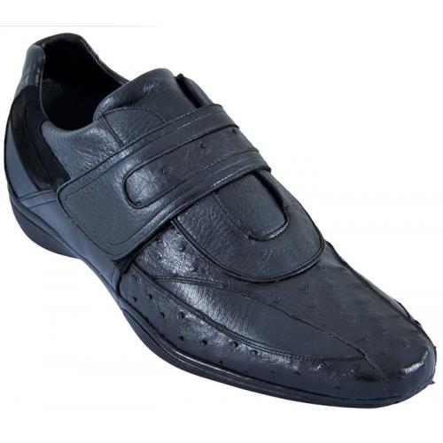 Los Altos Black Genuine Ostrich  W/Deer Casual Shoes with Velcro Strap ZC080305