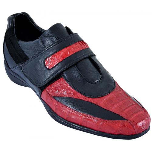 Los Altos Red / Black Genuine Crocodile Belly W/Deer Casual Shoes With Velcro Strap ZC088212