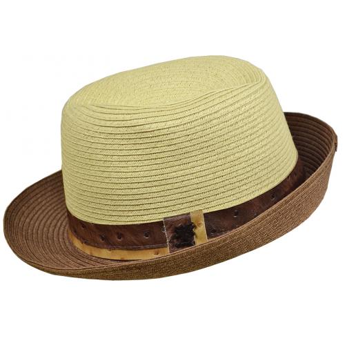 Stacy Adams Cream / Brown Straw Fedora Dress Hat  With Brown Print Ostrich Head Band SA590