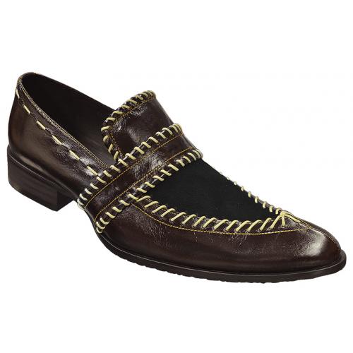 Fiesso Chocolate Brown / Black Genuine Leather Suede With Cream Weave Loafer Shoes 8675