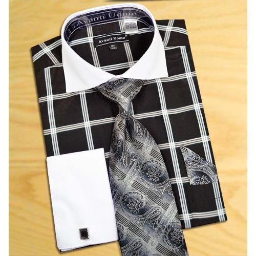 Avanti Uomo Black / White Windowpanes Design Shirt / Tie / Hanky Set With Free Cufflinks DN54M