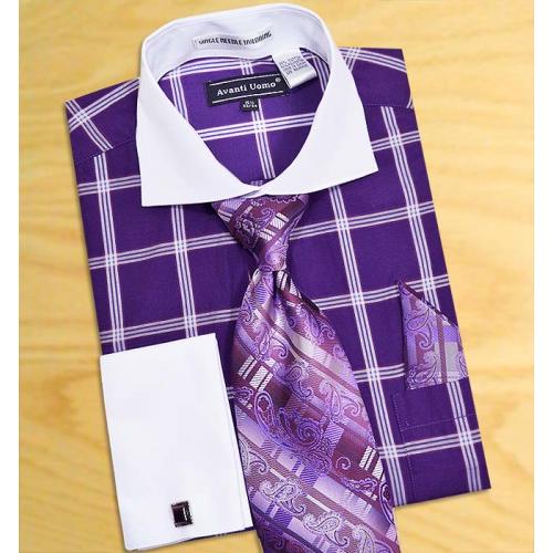 Avanti Uomo Purple / White Windowpanes Design Shirt / Tie / Hanky Set With Free Cufflinks DN54M