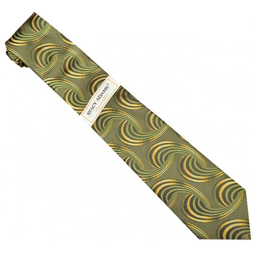 Stacy Adams Collection SA143 Olive Green / Gold  Artistic Design 100% Woven Silk Necktie/Hanky Set