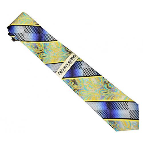Stacy Adams Collection SA145 Royal Blue / Sky Blue / Silver Grey Artistic Paisley Design 100% Woven Silk Necktie/Hanky Set
