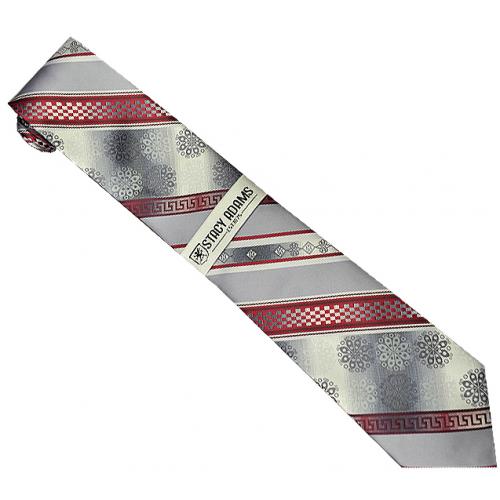 Stacy Adams Collection SA147 Grey / Wine / Artistic Diagonal Stripes Design 100% Woven Silk Necktie/Hanky Set