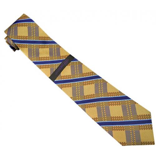 Piattelli Collection PT008 Wheat / Navy Blue / Sky Blue / Diamond Design 100% Woven Silk Necktie/Hanky Set