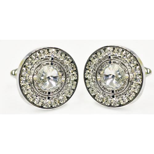 Fratello Silver Plated Round Cufflinks Set With Clear Rhinestone CL0009