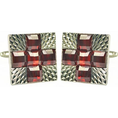 Fratello Silver Plated Square Cuff links Set With Ruby Red Rhinestone CL101