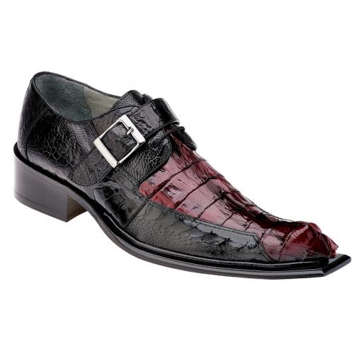 Belvedere "Ebano 3405" Black / Scarlet Red Ostrich / Hornback Crocodile With Tail Monk Strap Shoes