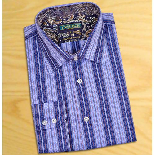 Inserch Navy Blue / Sky Blue / Rust Artistic Design 100% Jacquard Cotton Casual Dress Shirt 2595