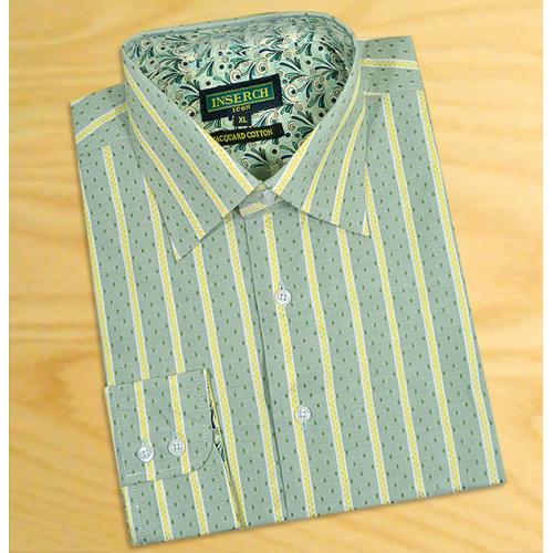Inserch Mint Green / Gold / Emerald Green / White Leaf Design 100% Jacquard Cotton Casual Dress Shirt 2554