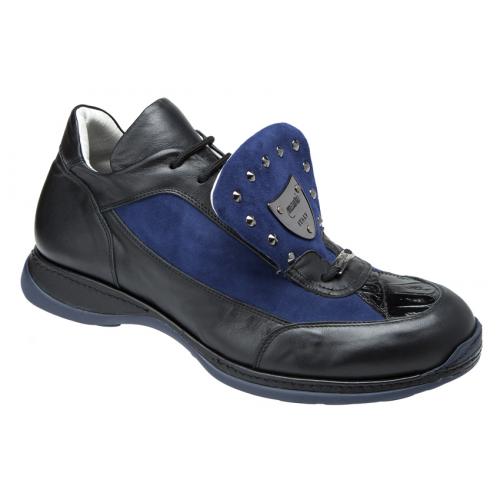 Mauri "King's Road" 8580 Indigo Blue /  Black Genuine Baby Crocodile Nappa Leather Suede Sneakers