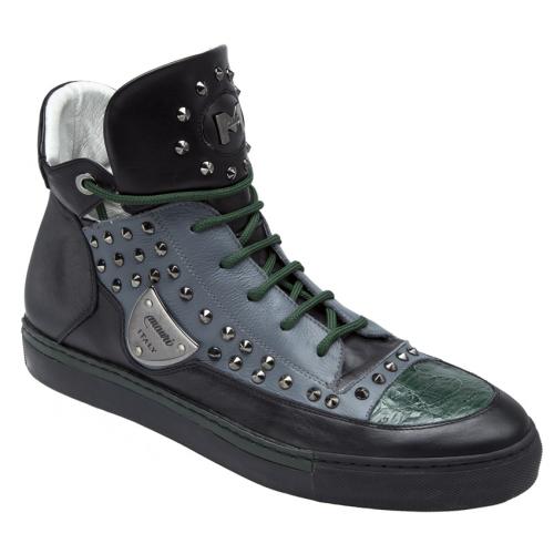 Mauri "Jungla" 8663 Forest Green / Black Genuine Baby Crocodile / Nappa Leather Sneakers with Metal Studs