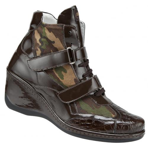 Mauri Ladies "Olimpia" 8572 Dark Brown / Camouflage Genuine Baby Crocodile Leather Patent Suede High Heel Sneakers.