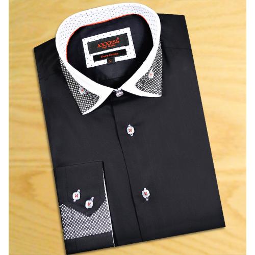 Axxess Black With White Houndstooth Spread Collar 100% Cotton Dress Shirt 307-47