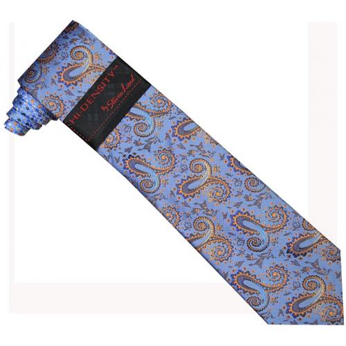 Hi-Density By Steven Land SL103 Sapphire Blue / Royal Blue / Cognac / Rust Paisley Design 100% Woven Silk Necktie / Hanky Set