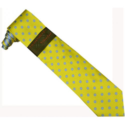 Hi-Density By Steven Land SL101 Gold / Sky Blue Diagonal Stripe Polka Dots Design 100% Woven Silk Necktie / Hanky Set