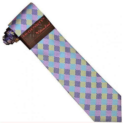 Hi-Density By Steven Land SL093 Navy / Grey / Pink / Turquoise / Gold Diamond check 100% Woven Silk Necktie / Hanky Set