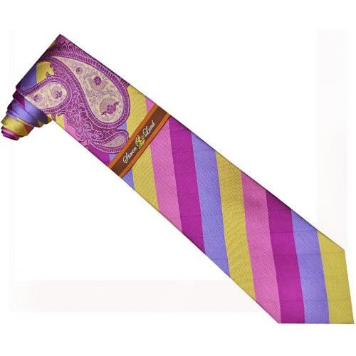 Steven Land Collection SL097 Fuchsia / Mauve / Gold / Lavender Diagonal Design 100% Woven Silk Necktie / Hanky Set