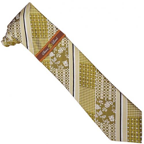 Steven Land Collection SL089 Olive Green / Mint / White / Black Diagonal Artistic Design 100% Woven Silk Necktie / Hanky Set
