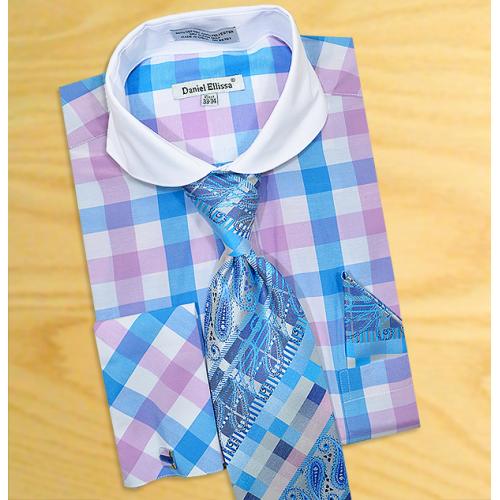 Daniel Ellissa Turquoise / Pink / White Windowpane Shirt / Tie / Hanky Set With Free Cufflinks DS3763P2