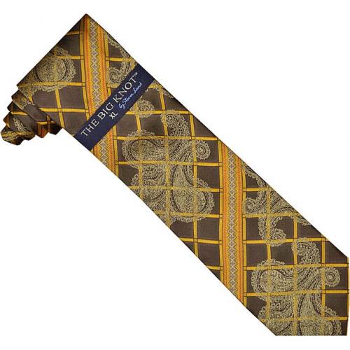 Steven Land Collection "Big Knot" SL124 Brown Gold Diamond Paisley Design 100% Woven Silk Necktie / Hanky Set