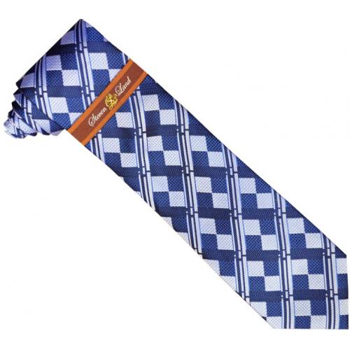 Steven Land Collection SL115 Midnight Navy Blue Royal Blue White Diagonal Dimond Stripes 100% Woven Silk Necktie / Hanky Set