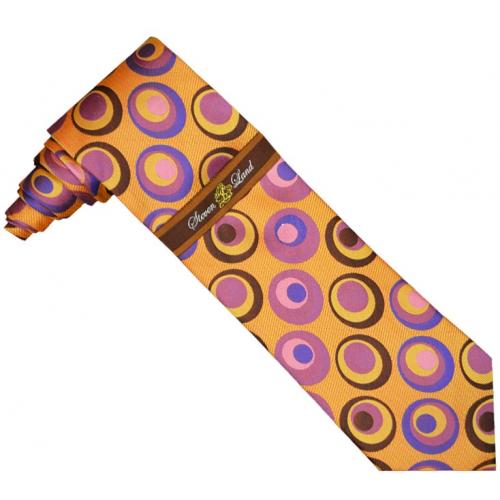 Steven Land Collection SL114 Gold / Orange / Brown / Mauve / Royal Blue Circular Design 100% Woven Silk Necktie / Hanky Set
