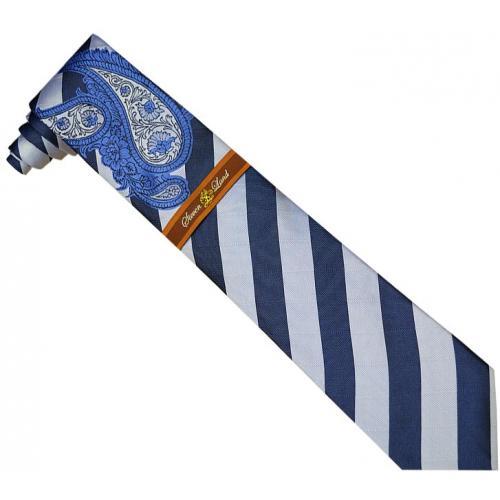 Steven Land Collection SL111 Navy Blue / Sky Blue Stripes 100% Woven Silk Necktie / Hanky Set