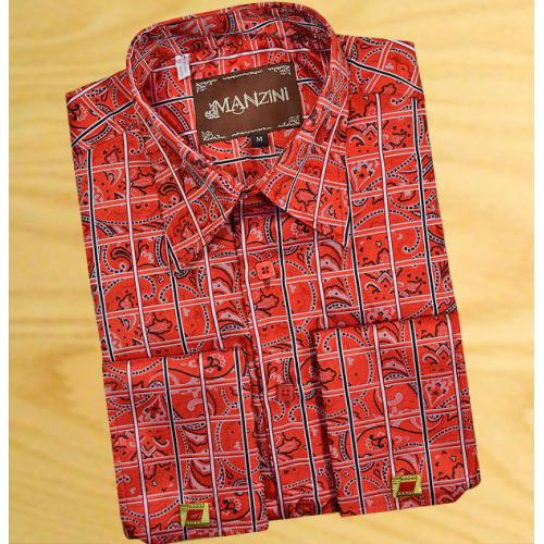 Manzini Red / Black Paisley Design Windowpane Casual Dress Shirt MZT-141
