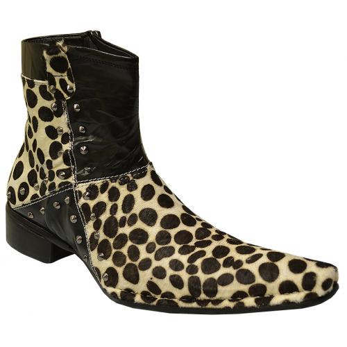 Fiesso Black / White Leopard Hair Genuine Leather Boots With Zipper On The Side FI6746A