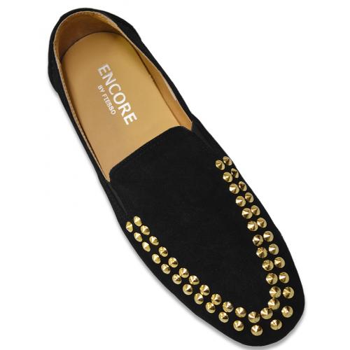 Fiesso Black Genuine Suede Studded Loafer Shoes FI3130