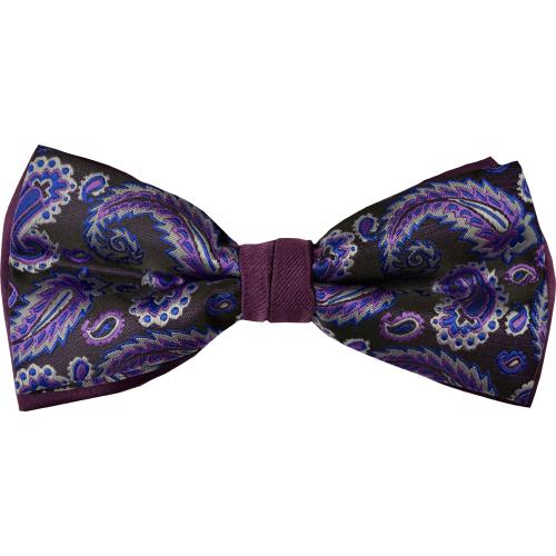 Classico Italiano Violet Purple Silver Grey Paisley Double Bow Tie 100% Silk Bow Tie / Hanky Set BT018