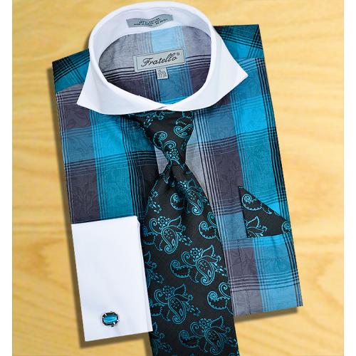 Fratello Turquoise / Black Windowpanes Shirt / Tie / Hanky Set With Free Cufflinks FRV4119P2