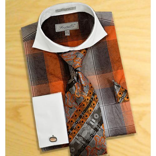 Fratello Orange / Black Windowpanes Shirt / Tie / Hanky Set With Free Cufflinks FRV4119P2