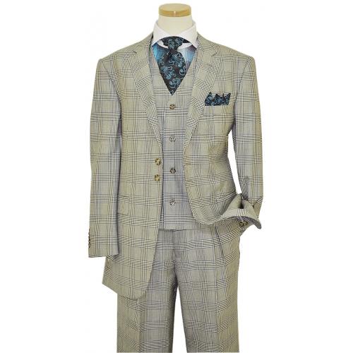 Luciano Carreli Collection White / Black / Blue Windowpanes Design With Grey Hand-Pick Stitching Super 150'S Vested Suit 6293-2311