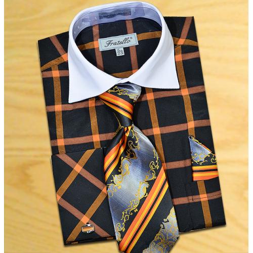 Fratello Black / Orange Windowpanes Shirt / Tie / Hanky Set With Free Cufflinks FRV4123P2
