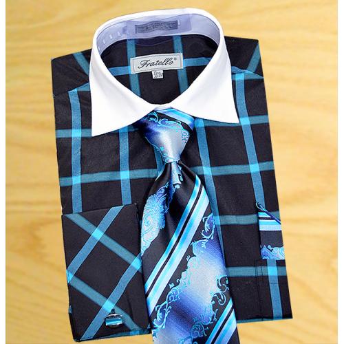 Fratello Black / Turquoise Windowpanes Shirt / Tie / Hanky Set With Free Cufflinks FRV4123P2