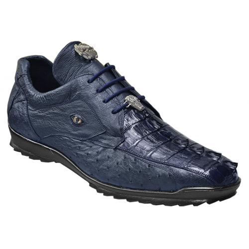 Belvedere "Lucca" Navy Genuine Hornback Crocodile Tail / Ostrich Casual Sneakers With Eyes