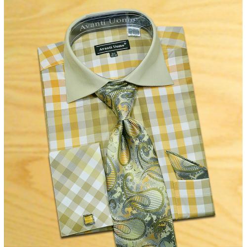 Avanti Uomo Olive / Gold / White Check Design Shirt / Tie / Hanky Set With Free Cufflinks DN60M